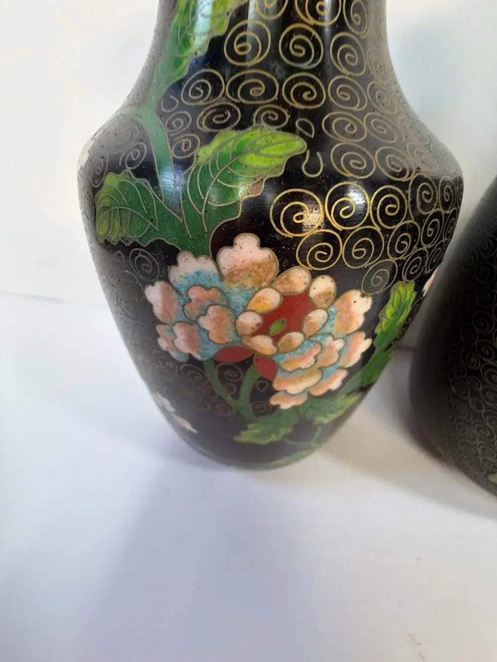 Vintage‎ Pair of Chinese Cloisonné Floral Vases Black Enamel